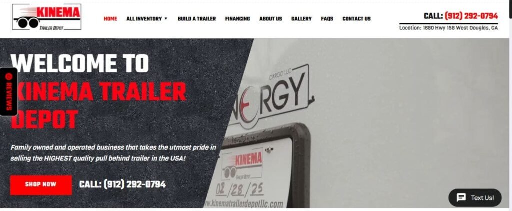 This image is a website front page of kinema trailer depot - trailer dealers in georgia