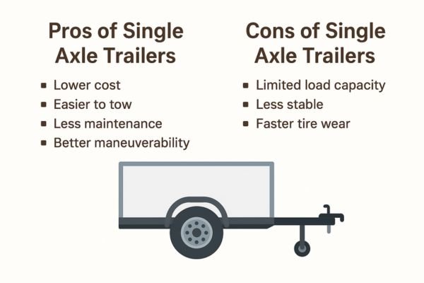 This image is about the pros and cons of single axle trailers