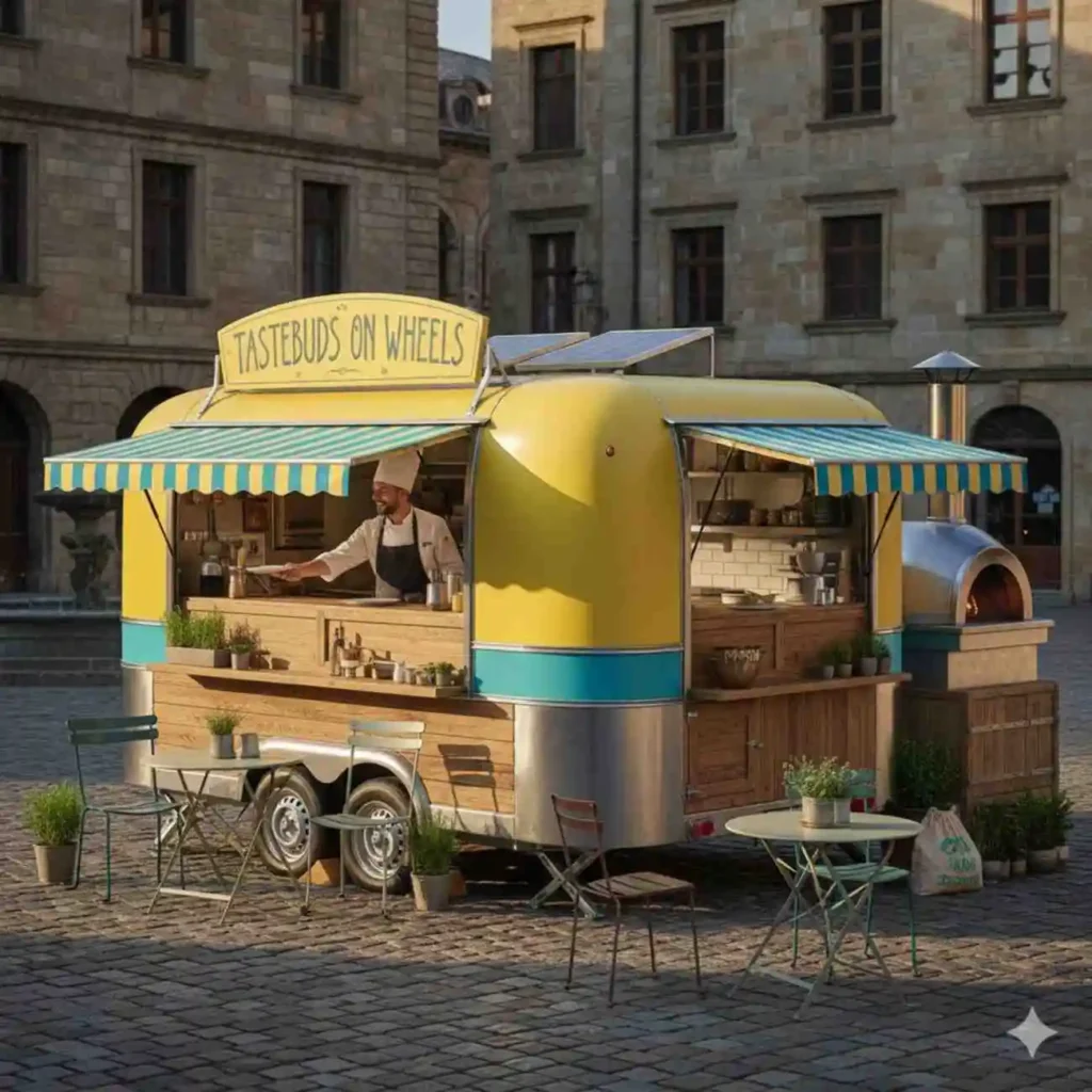 In this image you can see a fully customized mobile kitchen trailer being operated in city
