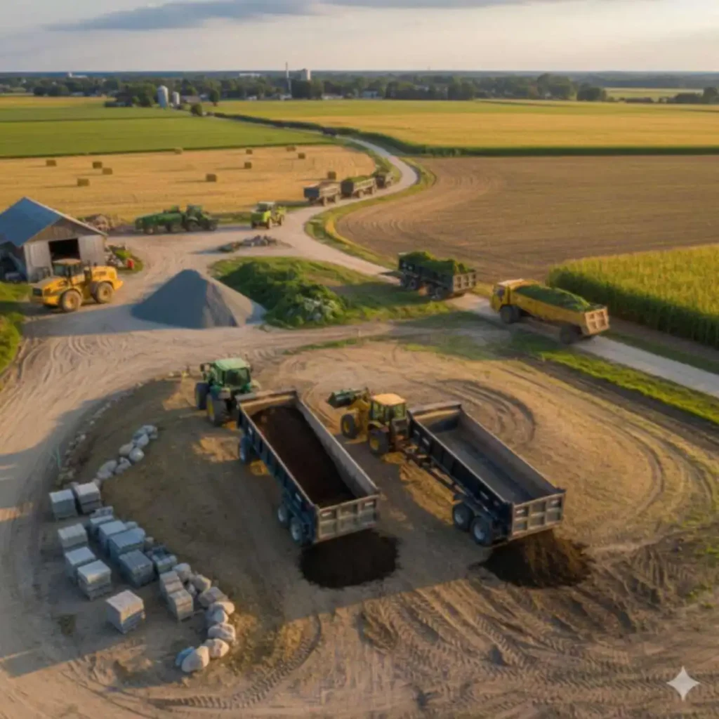 Image of heavy-duty dump trailer being used in landscaping and farming