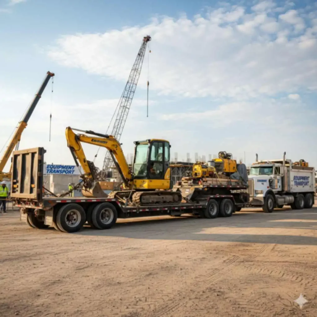 Image shows a heavy-duty dump trailer is being used to transport heavy equipments
