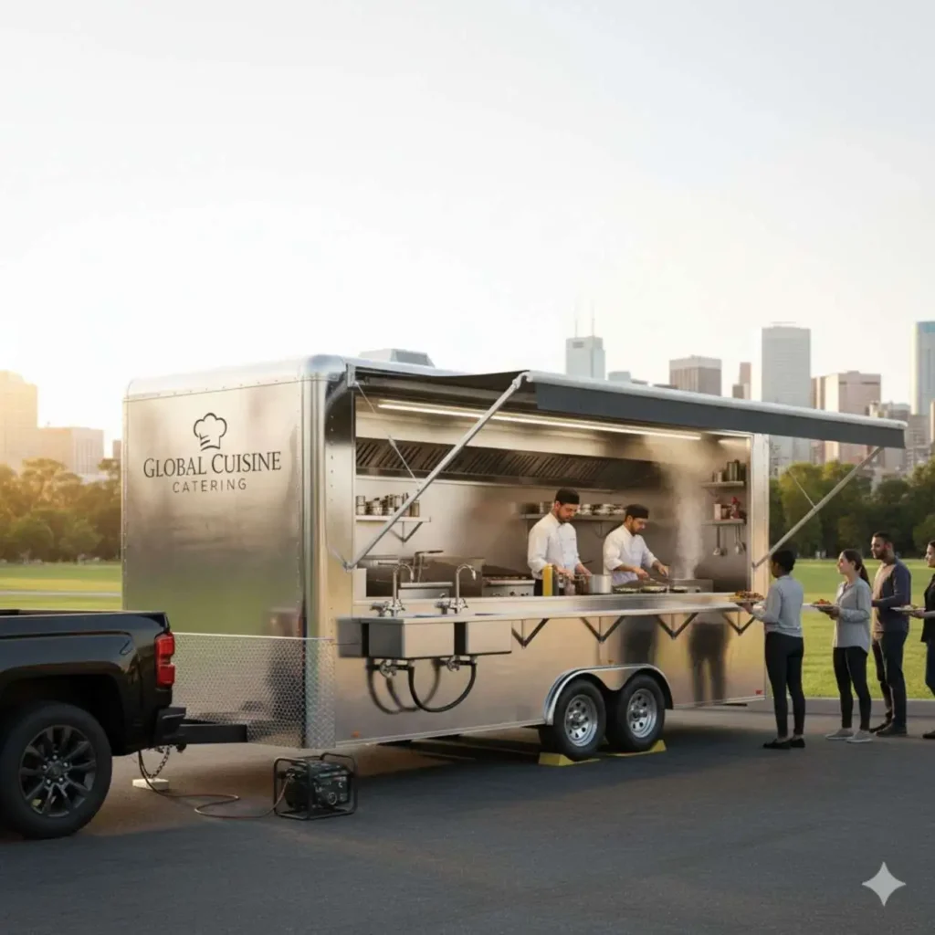 Here you can see two people operating a mobile kitchen trailer as part of their catering company business