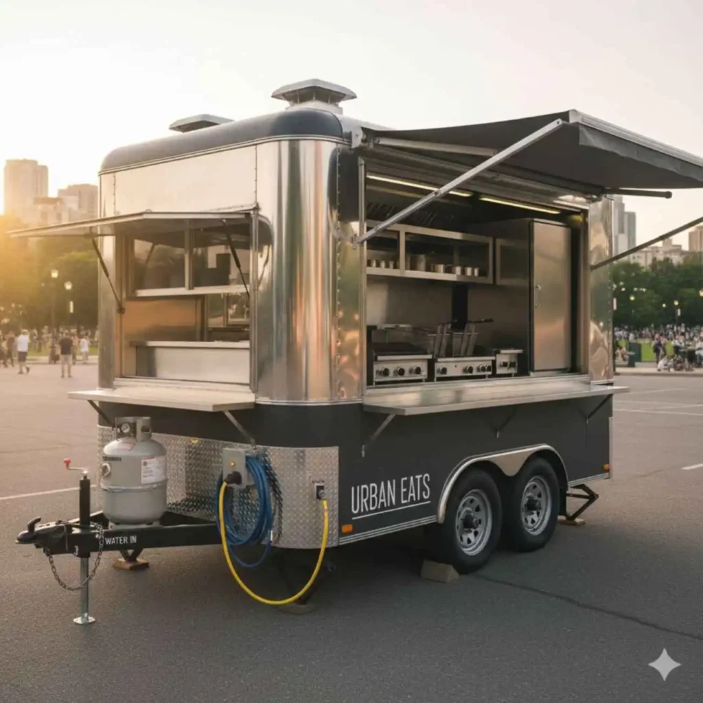 This image tells about the key utilities that are provided in a mobile kitchen trailer