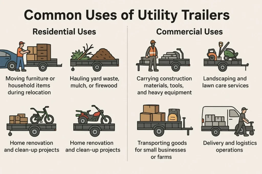 This image is about the common uses of utility trailers