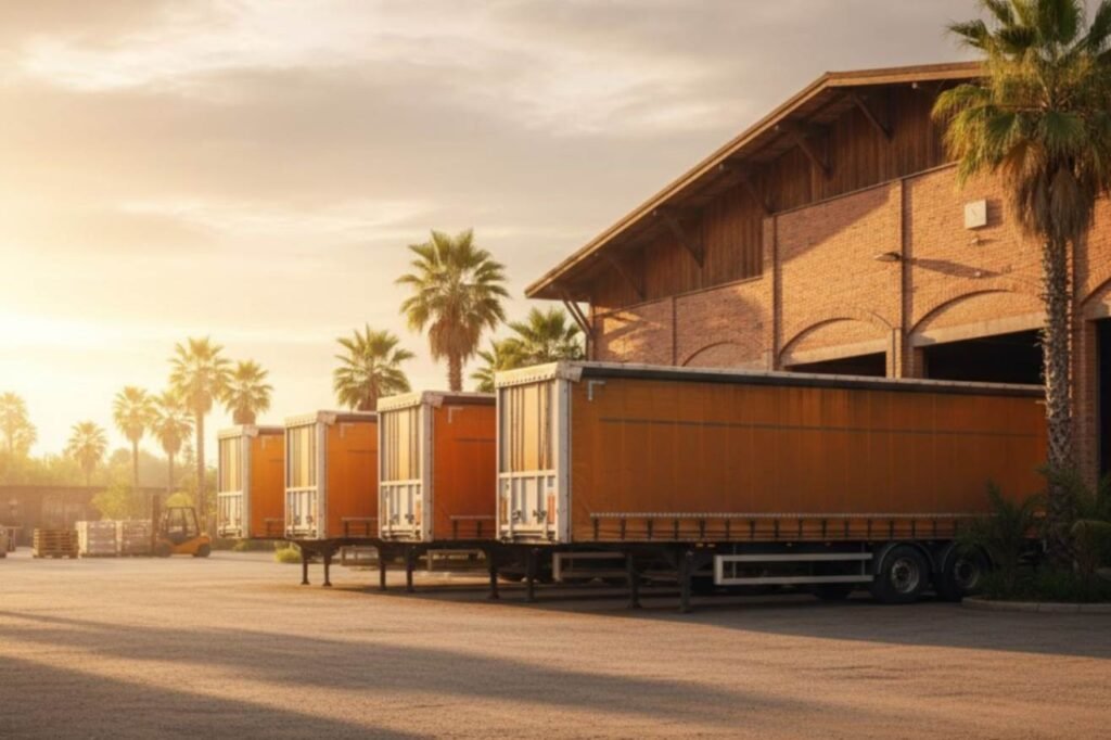 A line of orange curtainside trailers is parked in a loading yard next to a brick warehouse with a wooden roof, all bathed in the warm, golden light of sunset. Palm trees surround the scene.