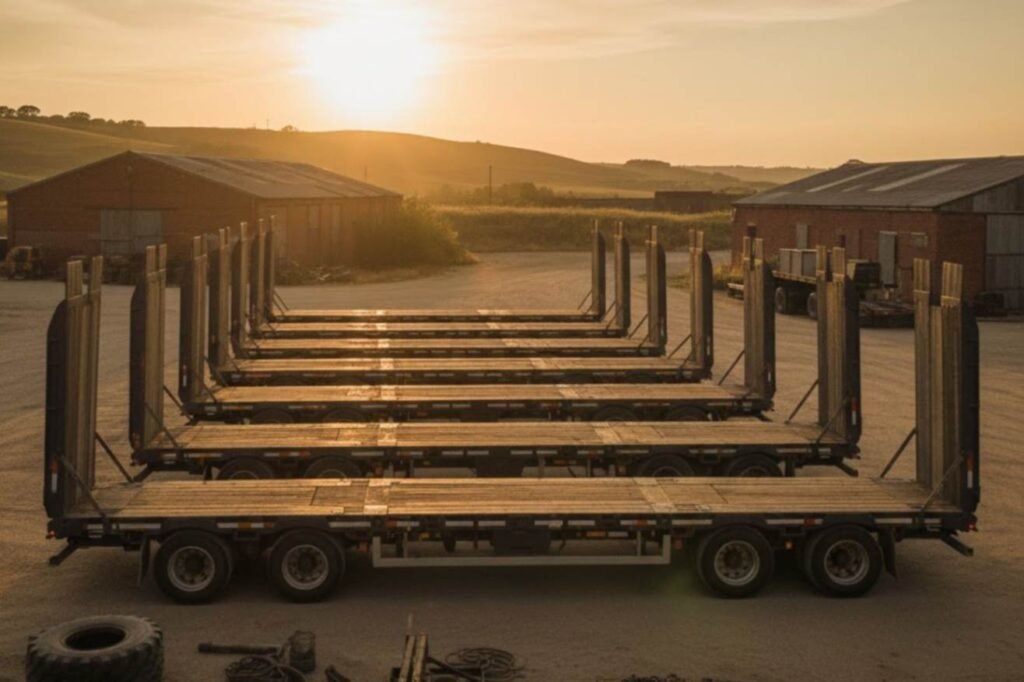 A line of seven empty, dark-colored extendable flatbed trailers with wooden decks is parked outdoors at sunset, with rolling hills and farm buildings in the background.