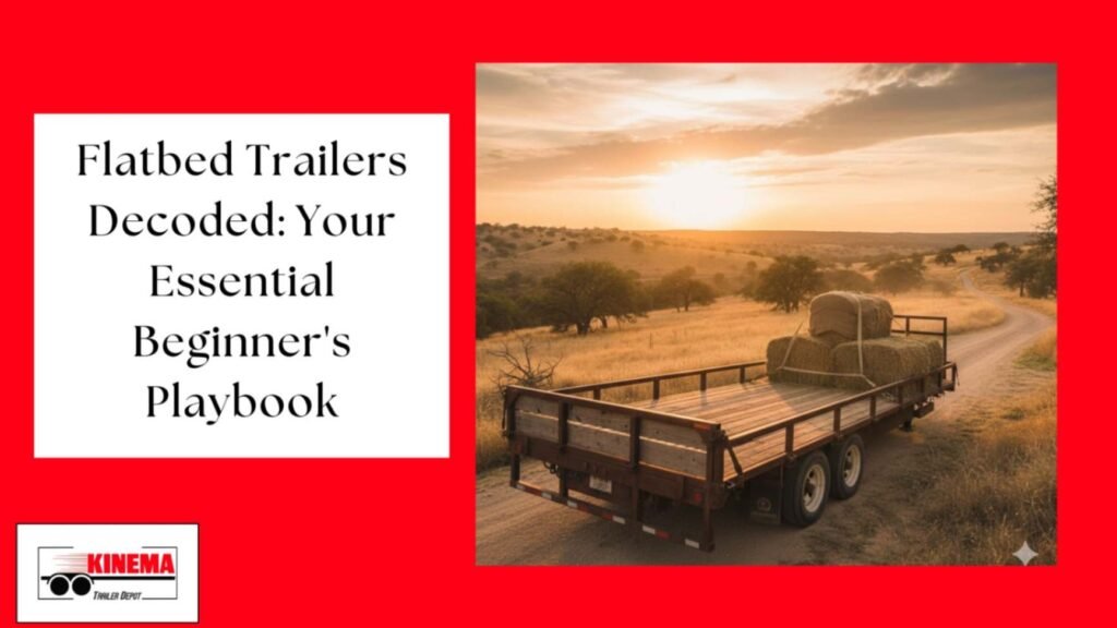 A flatbed trailer loaded with several large round bales of hay is parked on a dirt road winding through a grassy, hilly landscape under a bright sunset sky.