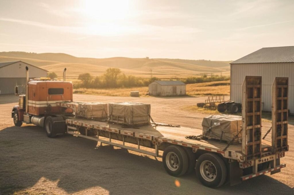 An orange and white semi-truck is hitched to a step deck flatbed trailer carrying two tarp-covered loads, parked in a dirt lot with hilly farmland and metal buildings in the background at sunset.