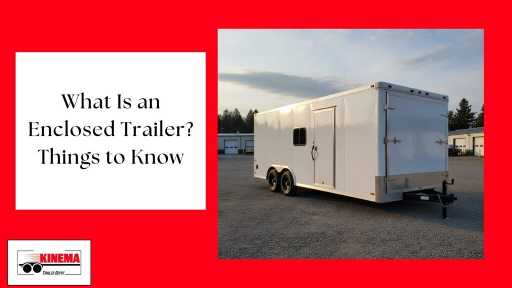 Image showing a white enclosed trailer with text about what an enclosed trailer is and things to know.