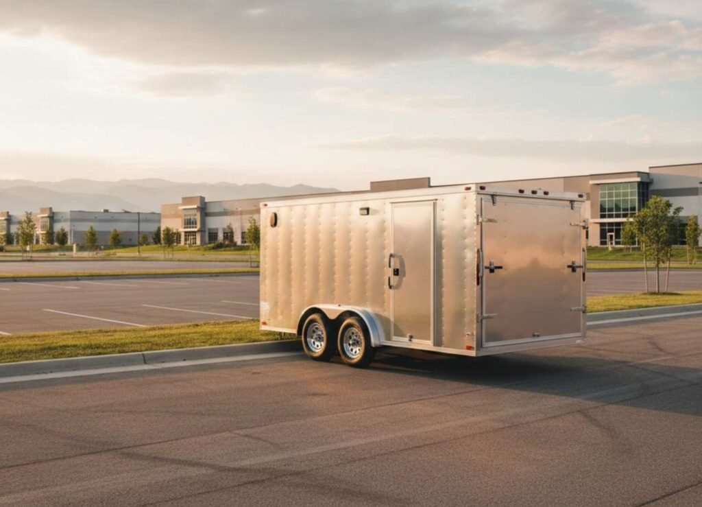 A shiny, silver/metallic enclosed cargo trailer with a double-axle, parked in an asphalt parking lot with grass and industrial buildings in the distance under a sunset sky.