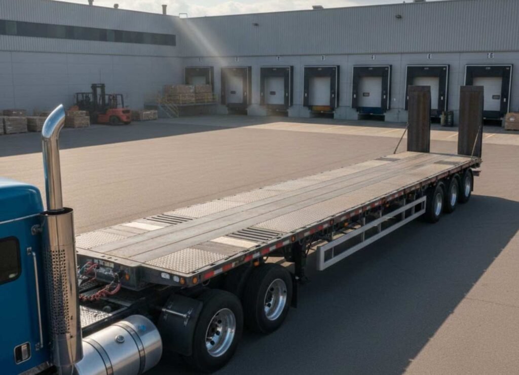 An elevated view of a long, multi-axle flatbed semi-trailer attached to a blue truck, parked in a sunny industrial loading area with many dock doors in the background.