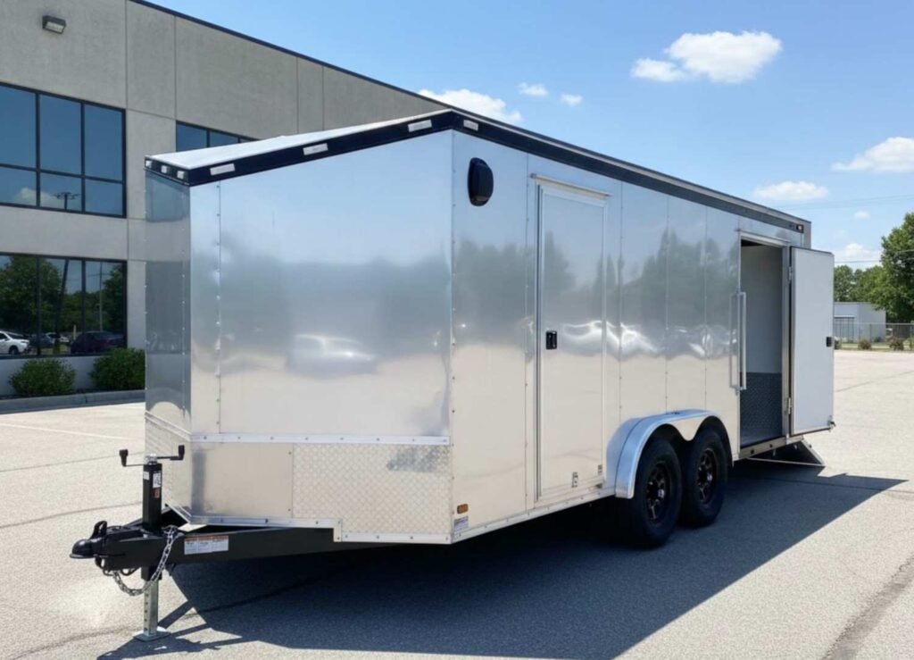 A large, silver enclosed trailer with a tandem axle, black trim, and an open rear ramp door, parked outside a commercial building on a sunny day.