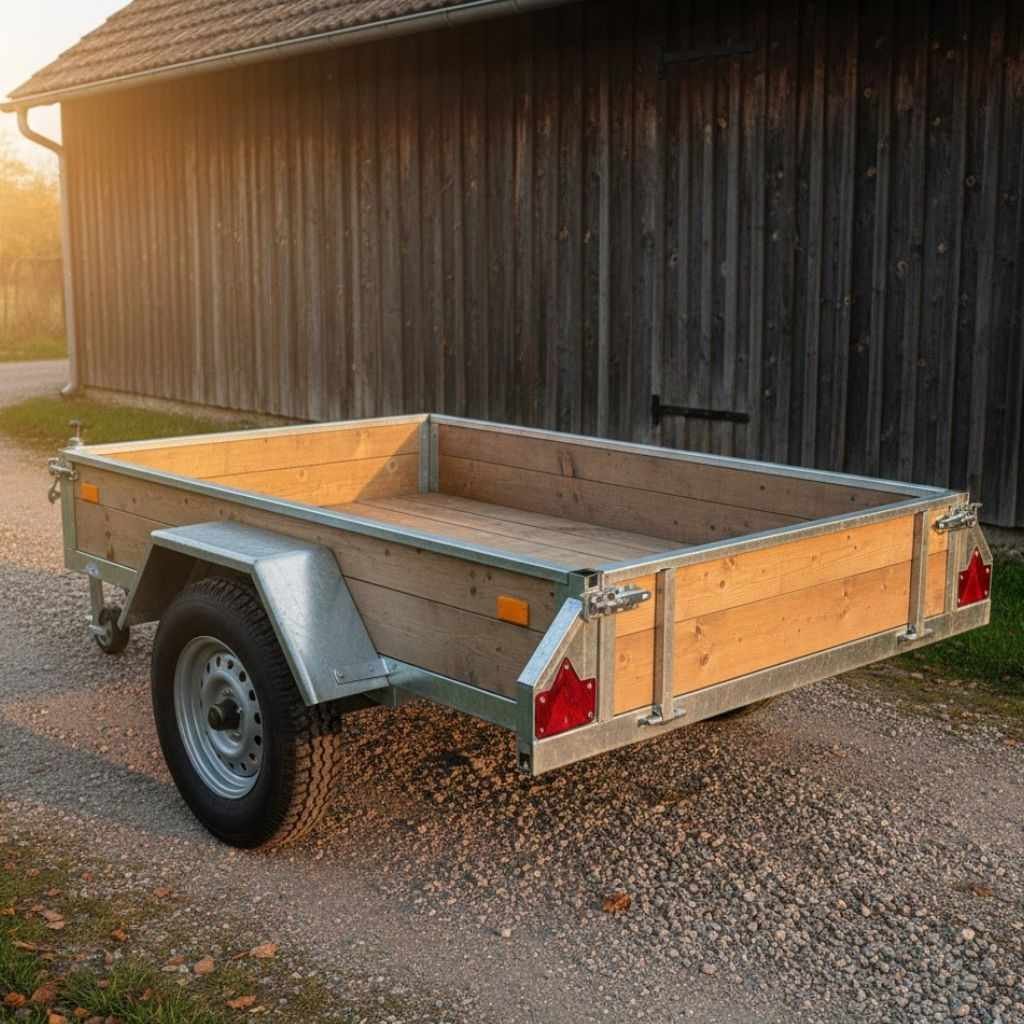 Small, wooden-sided utility trailer with a single axle and galvanized metal frame, parked on a gravel path near a wooden building.