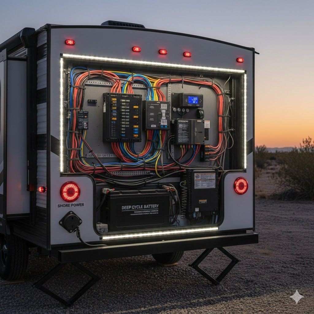 A detailed view of an open rear compartment on a trailer housing its electrical and lighting systems. The system includes a central fuse block with multicolored wiring, a digital display monitor, and a large "DEEP CYCLE BATTERY" at the base. The entire compartment is bordered by white LED strip lighting, while red clearance and tail lights are visible on the outer shell.