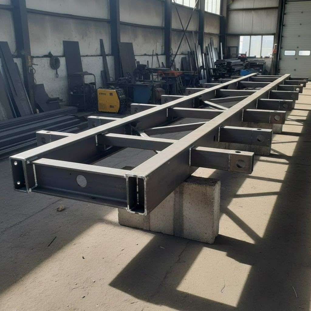 An industrial steel trailer frame under construction in a warehouse. The long, rectangular frame consists of two main I-beams connected by several cross-members and diagonal bracing, supported by concrete blocks on a workshop floor.