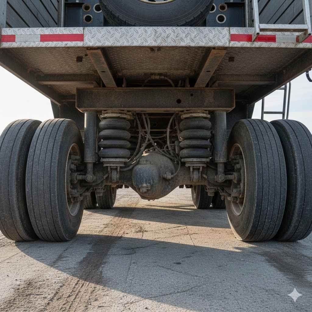 A low-angle view from beneath the rear of a trailer showing a heavy-duty suspension system. The image highlights a dual-axle setup with large tires, thick black rubber air springs (airbags), and shock absorbers attached to the dark metal frame.