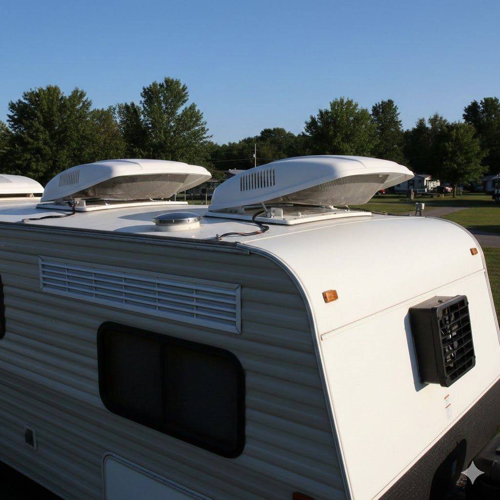 A high-angle exterior shot of a white trailer roof showing multiple ventilation components. There are two large, aerodynamic white vent covers, a smaller circular roof vent, and a black louvered exhaust fan mounted on the upper side wall.