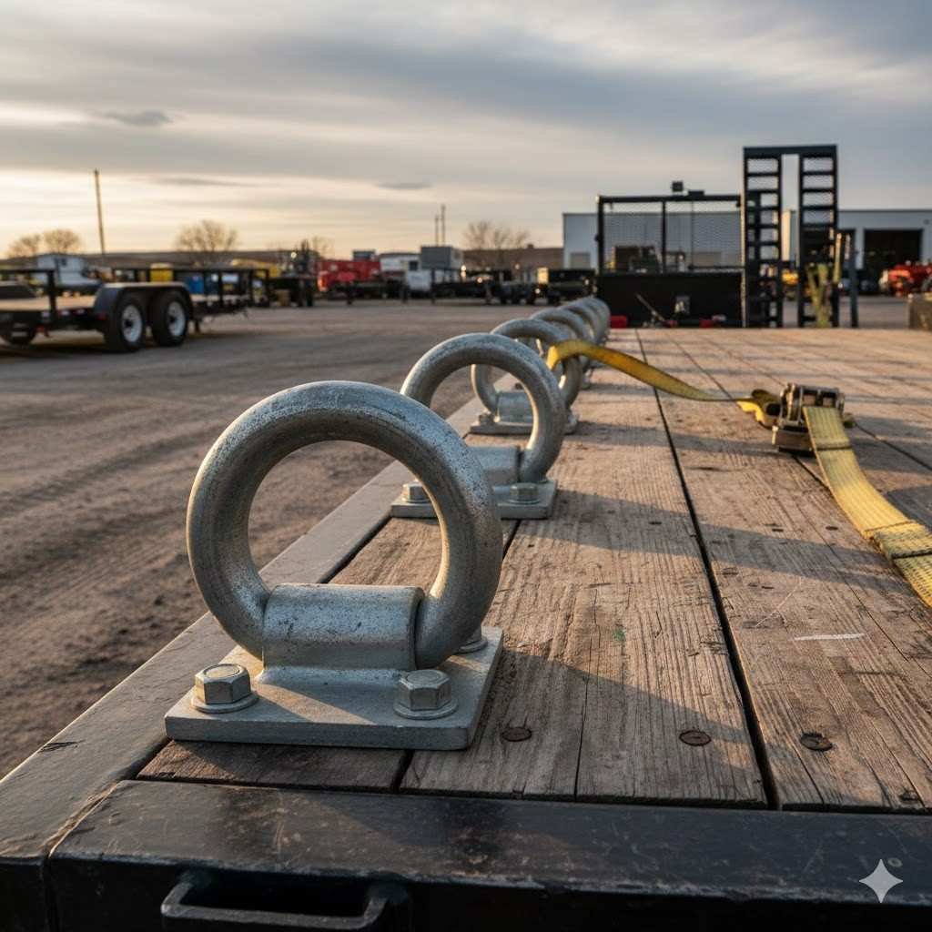 Heavy-duty galvanized D-ring tie-down anchors bolted to the wooden deck of a flatbed trailer.