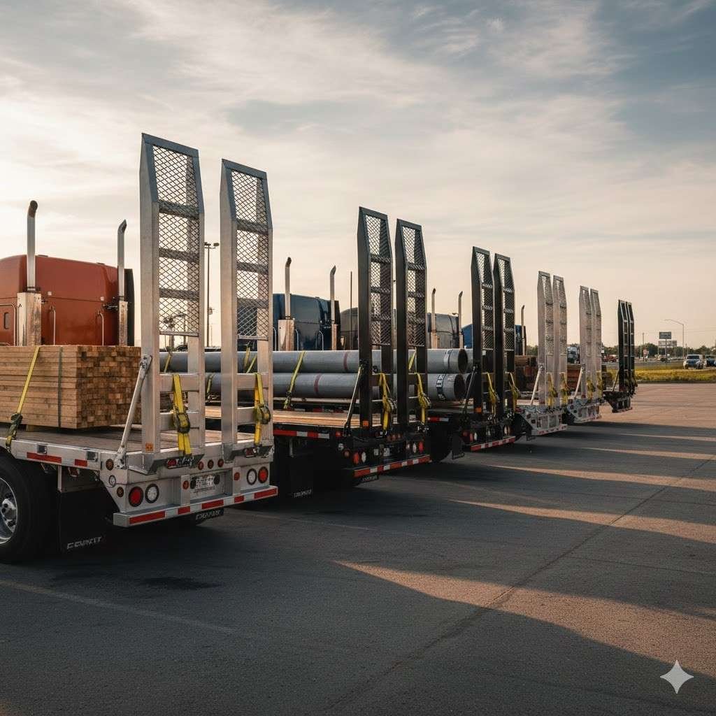Multiple flatbed trailer accessories on display, specifically heavy-duty headache racks installed behind the truck cabs to protect against shifting loads.