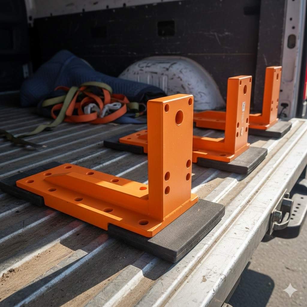 Adjustable orange metal load stops with protective padding used to prevent cargo from sliding on a trailer bed.