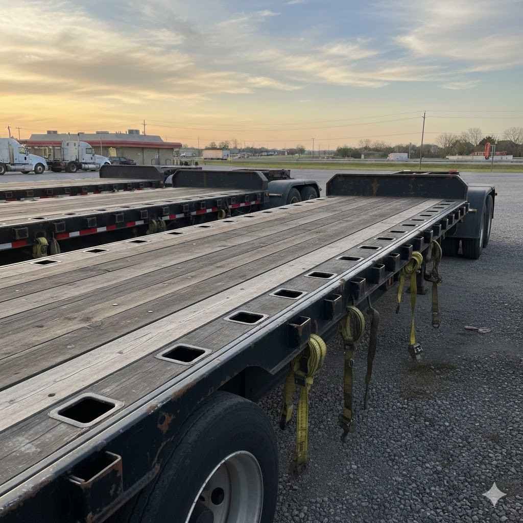 A row of flatbed trailers showing a close-up of integrated stake pockets along the side of a wooden deck.