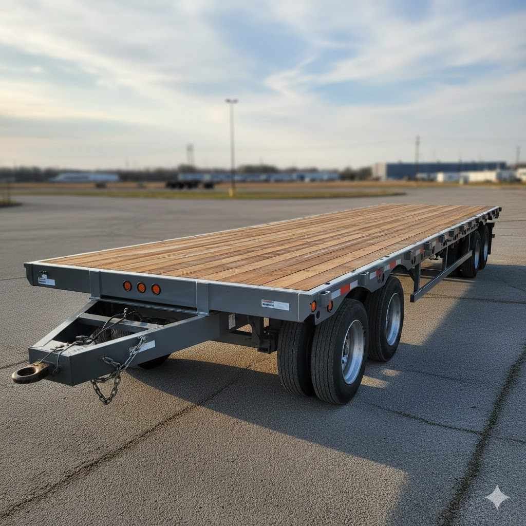 A long, grey flatbed trailer featuring a natural wood plank deck and dual axles parked on an open paved surface.